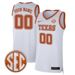 Custom Texas Longhorns Basketball White Game Jersey w/ SEC Patch - All Stitched