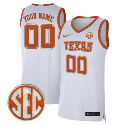 Custom Texas Longhorns Basketball White Game Jersey w/ SEC Patch - All Stitched