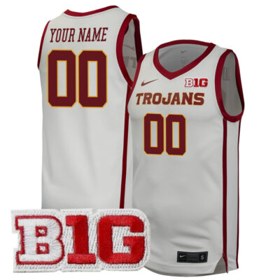 Custom USC Trojans Basketball White Game Jersey w/ B1G Patch - All Stitched