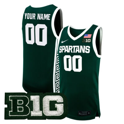 Custom Michigan State Spartans Basketball Green Game Jersey w/ B1G Patch - All Stitched