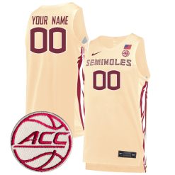 Custom Florida State Seminoles Basketball Khaki Game Jersey w/ ACC Patch - All Stitched