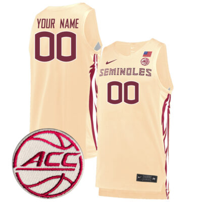 Custom Florida State Seminoles Basketball Khaki Game Jersey w/ ACC Patch - All Stitched