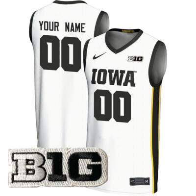 Custom Iowa Hawkeyes Basketball White Game Jersey w/ B1G Patch - All Stitched