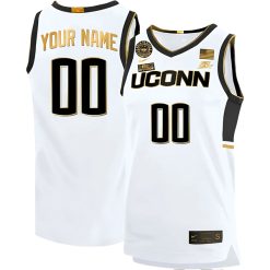 Custom UConn Huskies Basketball White Gold Jersey w/ Be The Change Patch - All Stitched