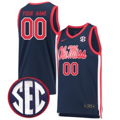Custom Ole Miss Rebels Basketball Navy Game Jersey w/ SEC Patch - All Stitched