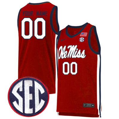 Custom Ole Miss Rebels Basketball Red Game Jersey w/ SEC Patch - All Stitched