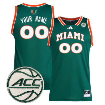 Custom Miami Hurricanes Basketball Green Game Jersey w/ ACC Patch - All Stitched