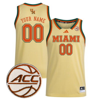 Custom Miami Hurricanes Basketball Yellow Game Jersey w/ ACC Patch - All Stitched