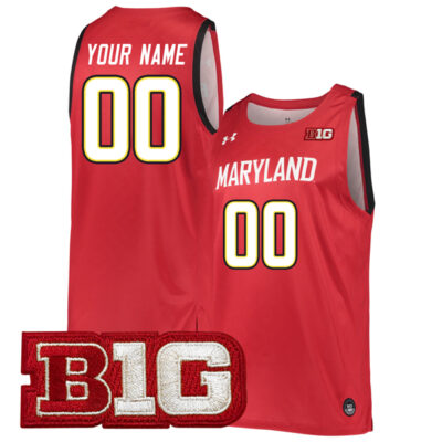 Custom Maryland Terrapins Basketball Red Game Jersey w/ B1G Patch - All Stitched