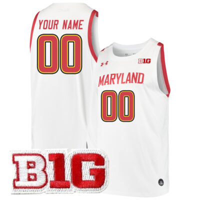 Custom Maryland Terrapins Basketball White Game Jersey w/ B1G Patch - All Stitched