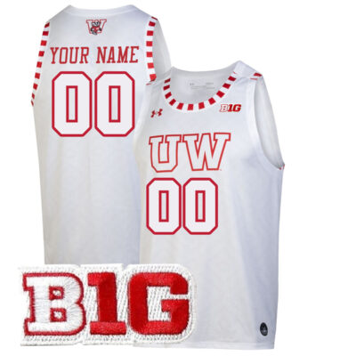 Custom Wisconsin Badgers Basketball 2021/22 White Jersey w/ B1G Patch - All Stitched
