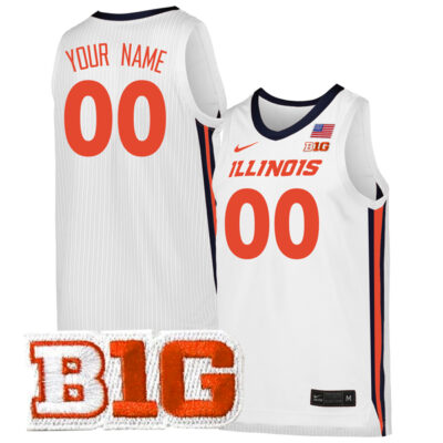 Custom Illinois Fighting Illini Basketball White Away Jersey w/ B1G Patch - All Stitched
