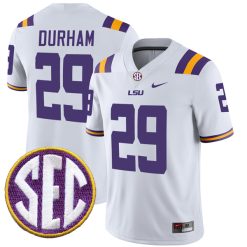 Caden Durham LSU Tigers Football White Away Jersey w/ SEC Patch - All Stitched