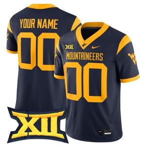 Custom West Virginia Mountaineers Football Navy Game Jersey w/ XII Patch - All Stitched