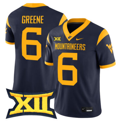 Garrett Greene West Virginia Mountaineers Football Navy Game Jersey w/ XII Patch - All Stitched
