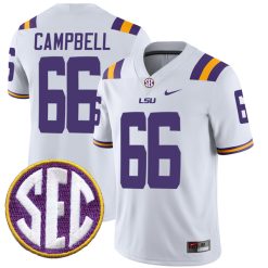 Will Campbell LSU Tigers Football White Away Jersey w/ SEC Patch - All Stitched