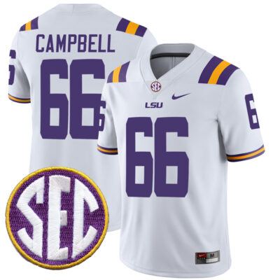Will Campbell LSU Tigers Football White Away Jersey w/ SEC Patch - All Stitched