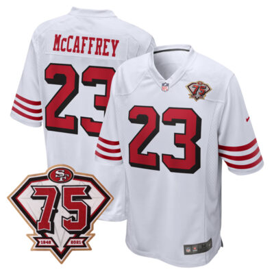 Christian McCaffrey San Francisco 49ers 75th Anniversary White 2nd Alternate Game Jersey - All Stitched