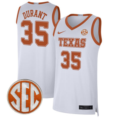 Kevin Durant Texas Longhorns Basketball White Game Jersey w/ SEC Patch - All Stitched
