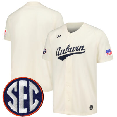 Auburn Tigers Baseball Cream Game Jersey w/ SEC Patch - All Stitched