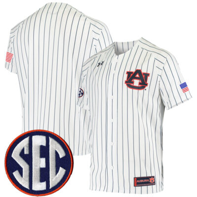 Auburn Tigers Baseball White Pinstripe Game Jersey w/ SEC Patch - All Stitched