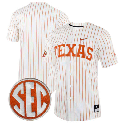 Texas Longhorns Baseball White Pinstripe Full Button Jersey w/ SEC Patch - All Stitched