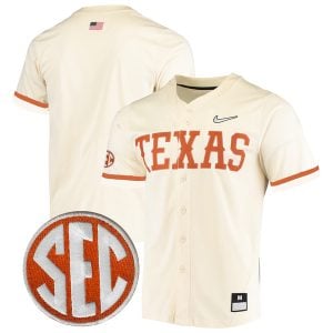Texas Longhorns Baseball Cream Full Button Jersey w/ SEC Patch - All Stitched