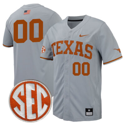 Custom Texas Longhorns Baseball Grey Full Button Jersey w/ SEC Patch - All Stitched