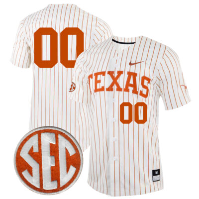 Custom Texas Longhorns Baseball White Pinstripe Full Button Jersey w/ SEC Patch - All Stitched