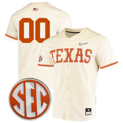 Custom Texas Longhorns Baseball Cream Full Button Jersey w/ SEC Patch - All Stitched
