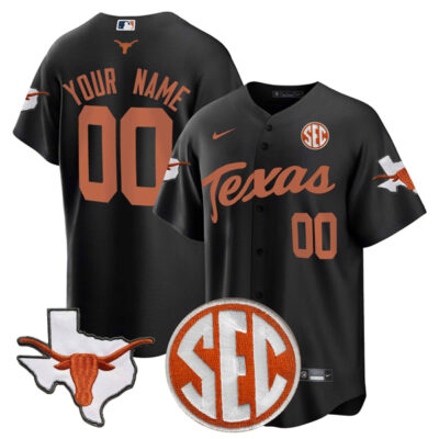 Custom Texas Longhorns Baseball Black Jersey w/ SEC Patch - All Stitched