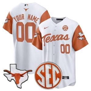 Custom Texas Longhorns Baseball White Orange Sleeve Jersey w/ SEC Patch - All Stitched