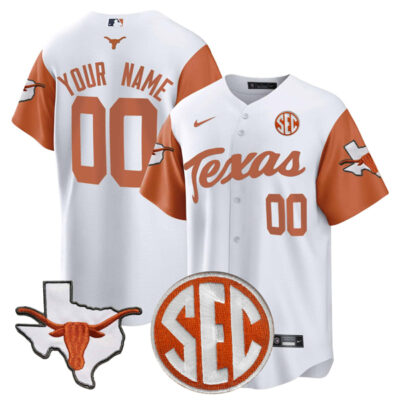 Custom Texas Longhorns Baseball White Orange Sleeve Jersey w/ SEC Patch - All Stitched