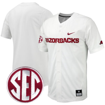 Arkansas Razorbacks Baseball White Full Button Jersey w/ SEC Patch - All Stitched