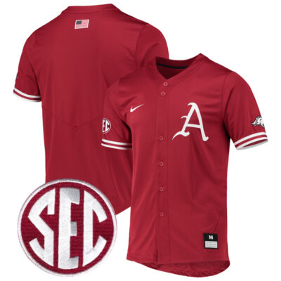 Arkansas Razorbacks Baseball Cardinal Full Button Jersey w/ SEC Patch - All Stitched