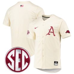Arkansas Razorbacks Baseball Cream Full Button Jersey - All Stitched