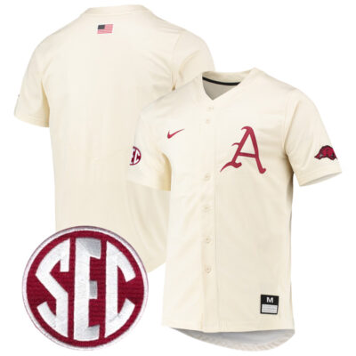 Arkansas Razorbacks Baseball Cream Full Button Jersey w/ SEC Patch - All Stitched