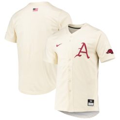 Arkansas Razorbacks Baseball Cream Full Button Jersey - All Stitched