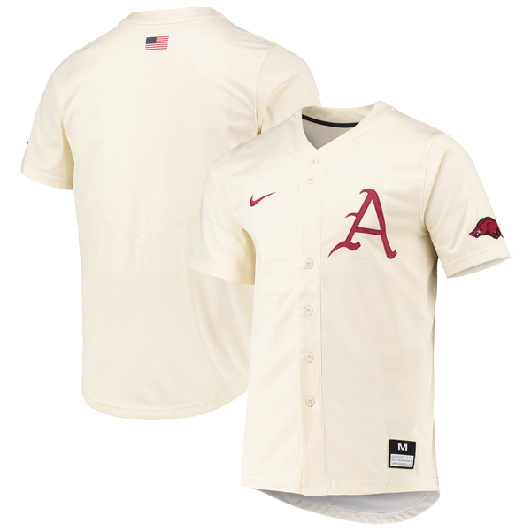 Arkansas Razorbacks Baseball Cream Full Button Jersey - All Stitched