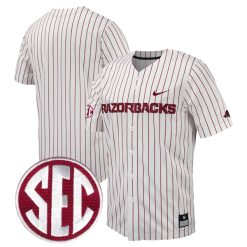 Arkansas Razorbacks Baseball White Pinstripe Full Button Jersey - All Stitched