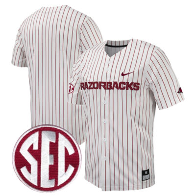 Arkansas Razorbacks Baseball White Pinstripe Full Button Jersey w/ SEC Patch - All Stitched