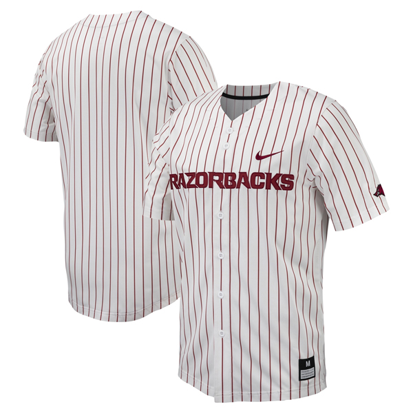 Arkansas Razorbacks Baseball White Pinstripe Full Button Jersey - All Stitched