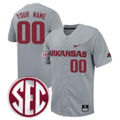 Custom Arkansas Razorbacks Baseball Grey Full Button Jersey w/ SEC Patch - All Stitched