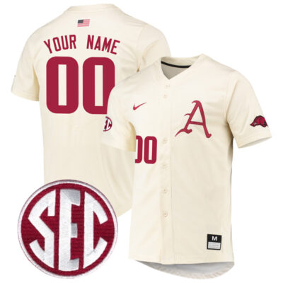Custom Arkansas Razorbacks Baseball Cream Full Button Jersey w/ SEC Patch - All Stitched