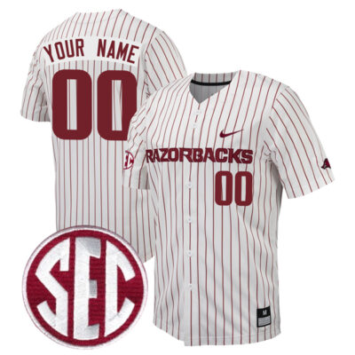 Custom Arkansas Razorbacks Baseball White Pinstripe Full Button Jersey w/ SEC Patch - All Stitched