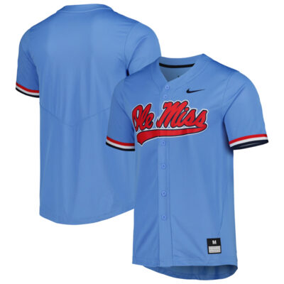 Ole Miss Rebels Baseball Powder Blue Full Button Jersey - All Stitched