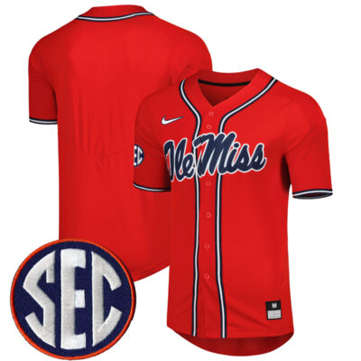 Ole Miss Rebels Baseball Red Full Button Jersey - All Stitched