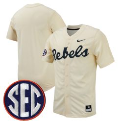 Ole Miss Rebels Baseball Cream Full Button Jersey - All Stitched