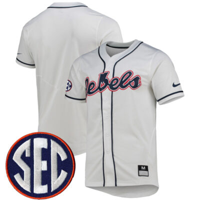 Ole Miss Rebels Baseball White Full Button Jersey - All Stitched