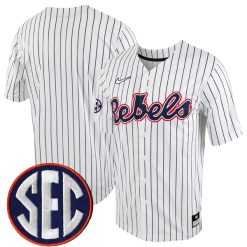Ole Miss Rebels Baseball White Pinstripe Full Button Jersey - All Stitched